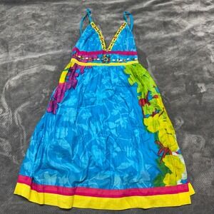 Funky People Blue Floral Cotton Gem Embellished Sun Dress Womens Medium Boho